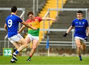 27 June 2021; Conor Crowley of Carlow scores his side's first goal during the Leinster GAA Football Senior Championship Round 1 match between Carlow and Longford at Bord Na Mona O’Connor Park in Tullamore, Offaly. Photo by Eóin Noonan/Sportsfile