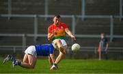 27 June 2021; Darragh Foley of Carlow shoots to score his side's second goal during the Leinster GAA Football Senior Championship Round 1 match between Carlow and Longford at Bord Na Mona O’Connor Park in Tullamore, Offaly. Photo by Eóin Noonan/Sportsfile