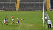 27 June 2021; Darragh Foley of Carlow shoots to score his side's second goal during the Leinster GAA Football Senior Championship Round 1 match between Carlow and Longford at Bord Na Mona O’Connor Park in Tullamore, Offaly. Photo by Eóin Noonan/Sportsfile