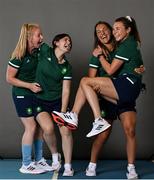 29 June 2021; The Team Ireland Hockey squad who will travel to the Tokyo Olympic Games was named this week. Here are, from left, Ayeisha McFerran, Roisin Upton, Lena Tice and Deirdre Duke pictured on the day they collected their Olympic kit, at an event which included an emotional video message from the friends and family who will be supporting them from Ireland. Photo by Brendan Moran/Sportsfile