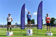 27 June 2021; Men's 110m Hurdles medallists, from left, Matthew Behan of Crusaders AC, Dublin, silver, Gerard O'Donnell of Carrick-on-Shannon AC, Leitrim, gold, and Iarlaith Golding of St Colmans South Mayo AC, bronze, during day three of the Irish Life Health National Senior Championships at Morton Stadium in Santry, Dublin. Photo by Sam Barnes/Sportsfile