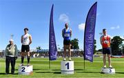 27 June 2021; Padraig Griffin, left, with Men's 110m Hurdles medallists, from left, Matthew Behan of Crusaders AC, Dublin, silver, Gerard O'Donnell of Carrick-on-Shannon AC, Leitrim, gold, and Iarlaith Golding of St Colmans South Mayo AC, bronze, during day three of the Irish Life Health National Senior Championships at Morton Stadium in Santry, Dublin. Photo by Sam Barnes/Sportsfile