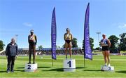 27 June 2021; Athletics Ireland Chair of Finance and Risk Michael Quinlan, left, with Women's 200m medallists, from left, Rhasidat Adeleke of Tallaght AC, Dublin, silver, Phil Healy of Bandon AC, Cork, gold, and Catherine Mcmanus of Dublin City Harriers AC, Dublin, during day three of the Irish Life Health National Senior Championships at Morton Stadium in Santry, Dublin. Photo by Sam Barnes/Sportsfile