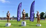 27 June 2021; Women's 100m medallists, from left, Kate Doherty, Dundrum South Dublin AC, silver, Sarah Lavin of Emerald AC, Limerick, gold, and Lilly-Ann O'Hora of Dooneen AC, Limerick, bronze, during day three of the Irish Life Health National Senior Championships at Morton Stadium in Santry, Dublin. Photo by Sam Barnes/Sportsfile