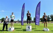 27 June 2021; Athletics Ireland President John Cronin, left, with Men's 200m medallists, from left, Mark Smyth of Raheny Shamrock AC, Dublin, silver, Leon Reid of Menapians AC, Wexford, gold, and Marcus Lawler of Clonliffe Harriers AC, Dublin, bronze, during day three of the Irish Life Health National Senior Championships at Morton Stadium in Santry, Dublin. Photo by Sam Barnes/Sportsfile