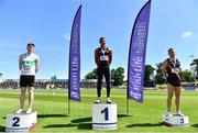 27 June 2021; Athletics Ireland President John Cronin, left, with Men's 200m medallists, from left, Mark Smyth of Raheny Shamrock AC, Dublin, silver, Leon Reid of Menapians AC, Wexford, gold, and Marcus Lawler of Clonliffe Harriers AC, Dublin, bronze, during day three of the Irish Life Health National Senior Championships at Morton Stadium in Santry, Dublin. Photo by Sam Barnes/Sportsfile