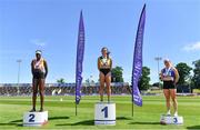 27 June 2021;  Women's 200m medallists, from left, Rhasidat Adeleke of Tallaght AC, Dublin, silver, Phil Healy of Bandon AC, Cork, gold, and Catherine Mcmanus of Dublin City Harriers AC, Dublin, during day three of the Irish Life Health National Senior Championships at Morton Stadium in Santry, Dublin. Photo by Sam Barnes/Sportsfile