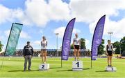 27 June 2021; Athletics Ireland Competition Committee member Paddy Marley, left, with Women's 5000m Walk medallists, from left, Niamh O'Connor of Celbridge AC, Kildare, Kate Veale of West Waterford AC, gold, and Veronica Burke of Ballinasloe and District AC, Galway, bronze,  during day three of the Irish Life Health National Senior Championships at Morton Stadium in Santry, Dublin. Photo by Sam Barnes/Sportsfile