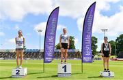 27 June 2021;  Women's 5000m Walk medallists, from left, Niamh O'Connor of Celbridge AC, Kildare, Kate Veale of West Waterford AC, gold, and Veronica Burke of Ballinasloe and District AC, Galway, bronze,  during day three of the Irish Life Health National Senior Championships at Morton Stadium in Santry, Dublin. Photo by Sam Barnes/Sportsfile