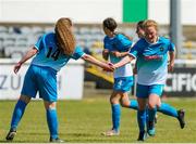 27 June 2021; Michelle Doonan of Peamount United celebrates with team-mate Allana Cassells after scoring her side's ninth goal and her fourth during the EA SPORTS Women's National U19 League match between Bray Wanderers and Peamount United at Carlisle Grounds in Bray, Wicklow. Photo by Michael P Ryan/Sportsfile