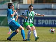 27 June 2021; Rhianna Mason of Bray Wanderers in action against Eve Conheady of Peamount United during the EA SPORTS Women's National U19 League match between Bray Wanderers and Peamount United at Carlisle Grounds in Bray, Wicklow. Photo by Michael P Ryan/Sportsfile