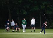 30 June 2021; Mark Adair of Northern Knights in action watched by spectators during the Cricket Ireland InterProvincial Cup 2021 match between Northern Knights and Munster Reds at Bready Cricket Club in Stormont in Belfast. Photo by David Fitzgerald/Sportsfile
