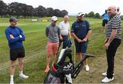 30 June 2021; Kilkenny hurlers Walter Walsh, left, and Joey Holden with Shane Lowry of Ireland and former Kilkenny hurler DJ Carey during the Dubai Duty Free Irish Open Golf Championship Pro-Am at Mount Juliet in Thomastown, Kilkenny. Photo by Ramsey Cardy/Sportsfile