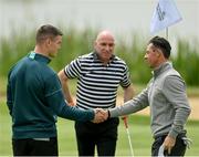 30 June 2021; Rory McIlroy of Northern Ireland shakes hands with Leinster and Ireland rugby captain Jonathan Sexton, alongside the Kilkenny hurler DJ Carey, on the 18th green following their round during the Dubai Duty Free Irish Open Golf Championship Pro-Am at Mount Juliet in Thomastown, Kilkenny. Photo by Ramsey Cardy/Sportsfile