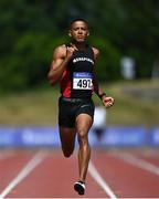 27 June 2021; Leon Reid of Menapians AC, Wexford, competing in the Men's 200m during day three of the Irish Life Health National Senior Championships at Morton Stadium in Santry, Dublin. Photo by Sam Barnes/Sportsfile