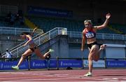 27 June 2021; Kate Doherty of Dundrum South Dublin AC, left, and Lilly-Ann O'Hora of Dooneen AC, Limerick, cross the finish line to finish second and third respectively in the Women's 100m Hurdles during day three of the Irish Life Health National Senior Championships at Morton Stadium in Santry, Dublin. Photo by Sam Barnes/Sportsfile