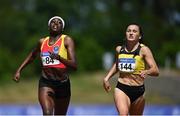 27 June 2021; Phil Healy of Bandon AC, Cork, right, dips for the line to win the Women's 200m, ahead of Rhasidat Adeleke of Tallaght AC, Dublin, left, who finished second, during day three of the Irish Life Health National Senior Championships at Morton Stadium in Santry, Dublin. Photo by Sam Barnes/Sportsfile