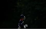 30 June 2021; Neil Rock of Northern Knights leaves the field after being bowled out during the Cricket Ireland InterProvincial Cup 2021 match between Northern Knights and Munster Reds at Bready Cricket Club in Stormont in Belfast. Photo by David Fitzgerald/Sportsfile