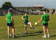 30 June 2021; Jamie Guing of Offaly with his team-mates before the Electric Ireland Leinster GAA Football Minor Championship Final match between Meath and Offaly at TEG Cusack Park in Mullingar, Westmeath. Photo by Matt Browne/Sportsfile