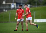 27 June 2021; Eoghan Callaghan, left, and Sean Marry of Louth during the Leinster GAA Football Senior Championship Round 1 match between Louth and Offaly at Páirc Tailteann in Navan, Meath. Photo by David Fitzgerald/Sportsfile