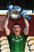 30 June 2021; Meath captain Eoghan Frayne lifts the cup after the Electric Ireland Leinster GAA Football Minor Championship Final match between Meath and Offaly at TEG Cusack Park in Mullingar, Westmeath. Photo by Matt Browne/Sportsfile