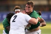 1 July 2021; Alex Kendellen of Ireland is tackled by Sam Riley of England during the U20 Guinness Six Nations Rugby Championship match between Ireland and England at Cardiff Arms Park in Cardiff, Wales. Photo by Gareth Everett/Sportsfile