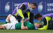 1 July 2021; Oisin McCormack of Ireland receives medical attention during the U20 Guinness Six Nations Rugby Championship match between Ireland and England at Cardiff Arms Park in Cardiff, Wales. Photo by Chris Fairweather/Sportsfile