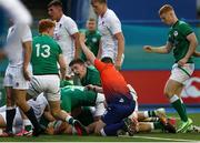 1 July 2021; Alex Soroka of Ireland pushes over the line to score a try for his side during the U20 Guinness Six Nations Rugby Championship match between Ireland and England at Cardiff Arms Park in Cardiff, Wales. Photo by Chris Fairweather/Sportsfile