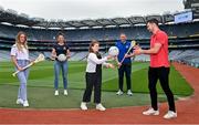2 July 2021; Olivia Daly from Cliona’s Foundation, centre, was at Croke Park in Dublin today, with, from left, Galway Camogie player Lorraine Ryan, Meath footballer Marie O’Shaughnessy, former Limerick hurler Shane Dowling and Tyrone footballer Conor McKenna to help announce that the GPA and Cliona’s Foundation have teamed up as Official Charity Partners. Text FAMILIES to 50300 to donate or go to www.clionas.ie. Photo by Seb Daly/Sportsfile