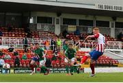 2 July 2021; Kieran Hanlon of Treaty United shoots to score his side's first goal from a penalty during the SSE Airtricity League First Division match between Cork City and Treaty United at Turners Cross in Cork. Photo by Michael P Ryan/Sportsfile