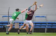 2 July 2021; Ronan Killilea of Galway in action against Cian Scully and Billy Molyneaux of Limerick during the 2020 Electric Ireland Leinster GAA Hurling Minor Championship Semi-Final match between Limerick and Galway at Cusack Park in Ennis, Clare. Photo by Matt Browne/Sportsfile