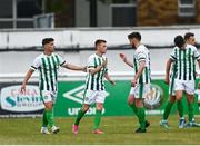2 July 2021; Dylan Barnett of Bray Wanderers, left, celebrates after scoring his side's first goal with team-mates Brandon Kavanagh and Anthony Barry during the SSE Airtricity League First Division match between Bray Wanderers and Cobh Ramblers at Carlisle Grounds in Bray, Wicklow. Photo by Harry Murphy/Sportsfile