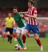 2 July 2021; Matt McKevitt of Treaty United in action against Gearóid Morrissey of Cork City during the SSE Airtricity League First Division match between Cork City and Treaty United at Turners Cross in Cork. Photo by Michael P Ryan/Sportsfile