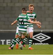 2 July 2021; Liam Scales of Shamrock Rovers celebrates with team-mates Aaron Greene and Gary O'Neill, 16, after scoring their side's first goal during the SSE Airtricity League Premier Division match between Shamrock Rovers and Dundalk at Tallaght Stadium in Dublin. Photo by Stephen McCarthy/Sportsfile