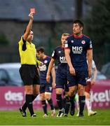 2 July 2021; Referee Robert Hennessy shows a red card to Lee Desmond of St Patrick's Athletic during the SSE Airtricity League Premier Division match between Bohemians and St Patrick's Athletic at Dalymount Park in Dublin. Photo by Seb Daly/Sportsfile