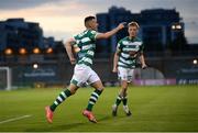 2 July 2021; Aaron Greene of Shamrock Rovers celebrates after scoring his side's third goal, with team-mate Liam Scales, right, during the SSE Airtricity League Premier Division match between Shamrock Rovers and Dundalk at Tallaght Stadium in Dublin. Photo by Stephen McCarthy/Sportsfile