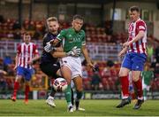 2 July 2021; Shane Cusack of Treaty United in action against Beineon O'Brien-Whitmarsh of Cork City during the SSE Airtricity League First Division match between Cork City and Treaty United at Turners Cross in Cork. Photo by Michael P Ryan/Sportsfile