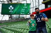 3 July 2021; Ireland supporters Reuben, left, and Kenny McCullough from Belfast, among the first supporters in the stadium before the International Rugby Friendly match between Ireland and Japan at Aviva Stadium in Dublin. Photo by Brendan Moran/Sportsfile