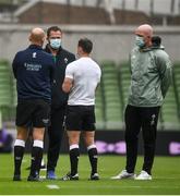 3 July 2021; Ireland head coach Andy Farrell, left, and forwards coach Paul O'Connell in conversation with match officials prior to the International Rugby Friendly match between Ireland and Japan at Aviva Stadium in Dublin. Photo by David Fitzgerald/Sportsfile