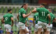 3 July 2021; Chris Farrell of Ireland, centre, celebrates with team-mate Jacob Stockdale after scoring their side's first try during the International Rugby Friendly match between Ireland and Japan at Aviva Stadium in Dublin. Photo by Brendan Moran/Sportsfile