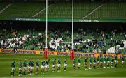 3 July 2021; Ireland players stand for the national anthems during the International Rugby Friendly match between Ireland and Japan at the Aviva Stadium in Dublin. Photo by Harry Murphy/Sportsfile