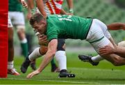 3 July 2021; Chris Farrell of Ireland scores his side's first try during the International Rugby Friendly match between Ireland and Japan at Aviva Stadium in Dublin. Photo by Brendan Moran/Sportsfile