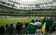 3 July 2021; Supporters during the national anthem before the International Rugby Friendly match between Ireland and Japan at the Aviva Stadium in Dublin. Photo by Harry Murphy/Sportsfile