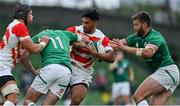 3 July 2021; Timothy Lafaele of Japan is tackled by Jacob Stockdale and Chris Farrell of Ireland during the International Rugby Friendly match between Ireland and Japan at Aviva Stadium in Dublin. Photo by Brendan Moran/Sportsfile