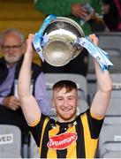3 July 2021; Kilkenny captain Timmy Clifford lifts the Walter Hanrahan Cup after the 2020 Electric Ireland Leinster GAA Hurling Minor Championship Final match between Offaly and Kilkenny at MW Hire O'Moore Park in Portlaoise, Laois. Photo by Matt Browne/Sportsfile