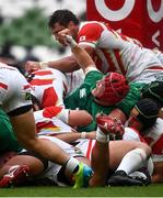 3 July 2021; Josh van der Flier of Ireland celebrates team-mate as Finlay Bealham, hidden, scores their third try during the International Rugby Friendly match between Ireland and Japan at Aviva Stadium in Dublin. Photo by David Fitzgerald/Sportsfile