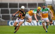 3 July 2021; Ted Dunne of Kilkenny in action against Daniel Bourke and Ruairi Dunne of Offaly during the 2020 Electric Ireland Leinster GAA Hurling Minor Championship Final match between Offaly and Kilkenny at MW Hire O'Moore Park in Portlaoise, Laois. Photo by Matt Browne/Sportsfile