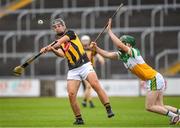 3 July 2021; Harry Shine of Kilkenny in action against Charlie Bracken of Offaly during the 2020 Electric Ireland Leinster GAA Hurling Minor Championship Final match between Offaly and Kilkenny at MW Hire O'Moore Park in Portlaoise, Laois. Photo by Matt Browne/Sportsfile