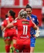 3 July 2021; Saoirse Noonan of Shelbourne celebrates with team-mate Amanda Budden after scoring her side's second goal during the SSE Airtricity Women's National League match between Shelbourne and Peamount United at Tolka Park in Dublin. Photo by Eóin Noonan/Sportsfile