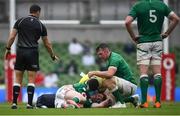 3 July 2021; Peter O’Mahony of Ireland checks on the well-being of team-mate Chris Farrell during the International Rugby Friendly match between Ireland and Japan at Aviva Stadium in Dublin. Photo by David Fitzgerald/Sportsfile